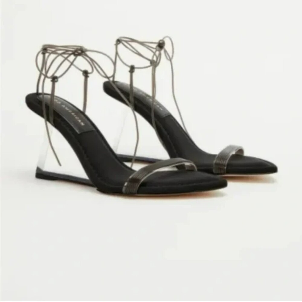 Good American Women’s Black Neoprene Pointy Toe Strappy Clear Heel Shoes SZ 8.5